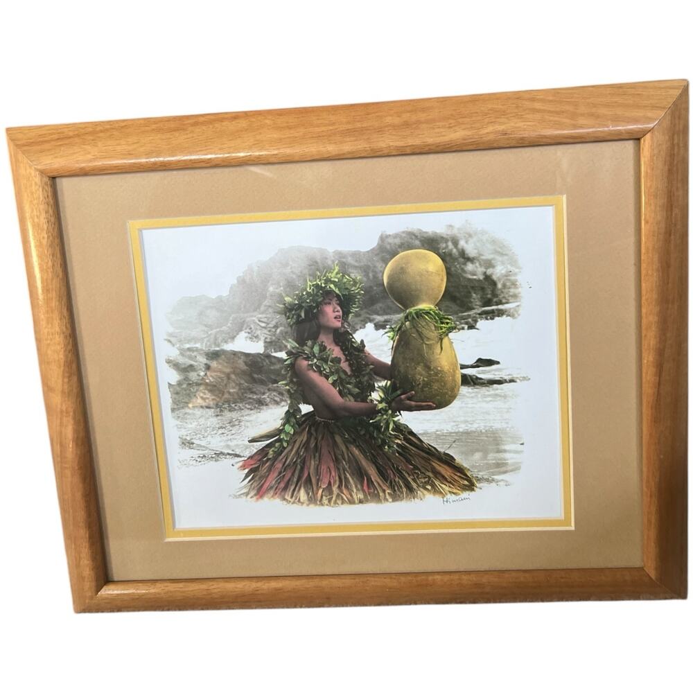 Hawaiian Hula Dancer Print Signed Himani Ipu Heke Double Mat Diamond Head Frames